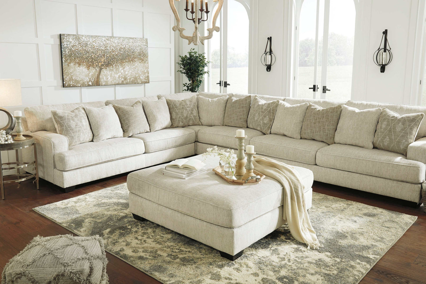 Rawcliffe Parchment 4pc Sectional Sofa w/ Ottoman