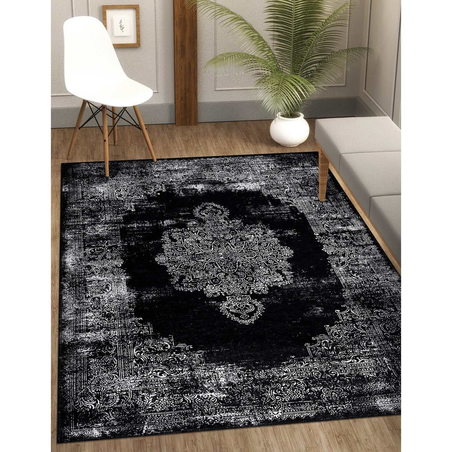 Rain Black Distressed Vintage NonSlip Indoor Area Rugs - Ornate Home