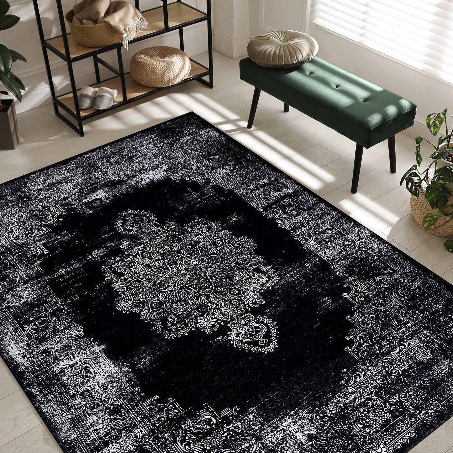 Rain Black Distressed Vintage NonSlip Indoor Area Rugs - Ornate Home