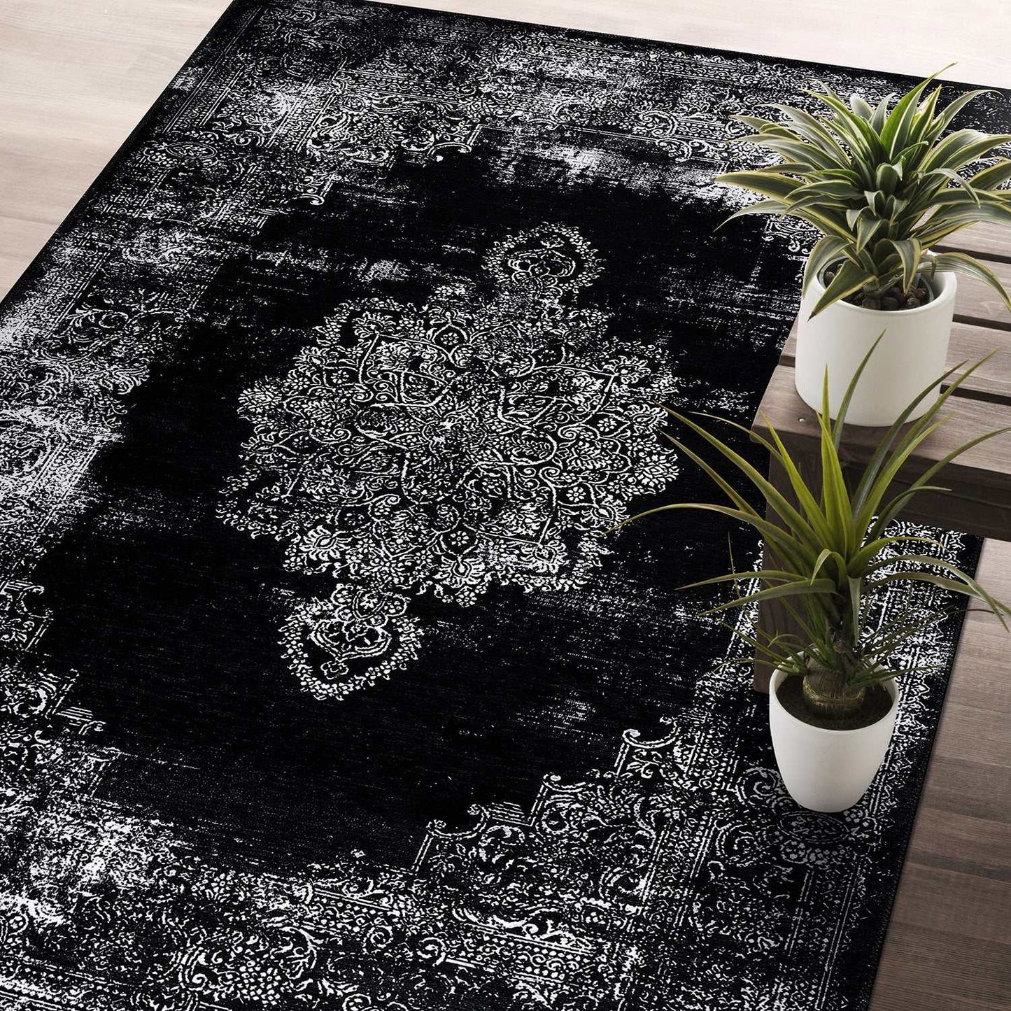 Rain Black Distressed Vintage NonSlip Indoor Area Rugs - Ornate Home