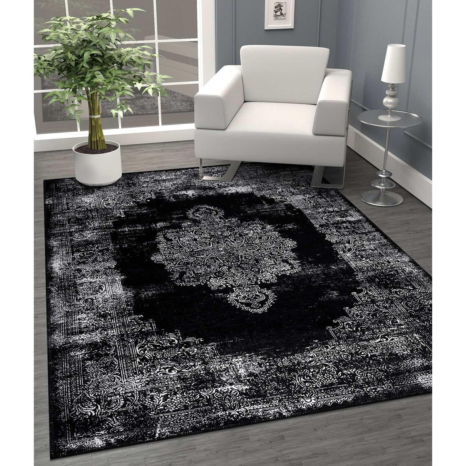 Rain Black Distressed Vintage NonSlip Indoor Area Rugs - Ornate Home