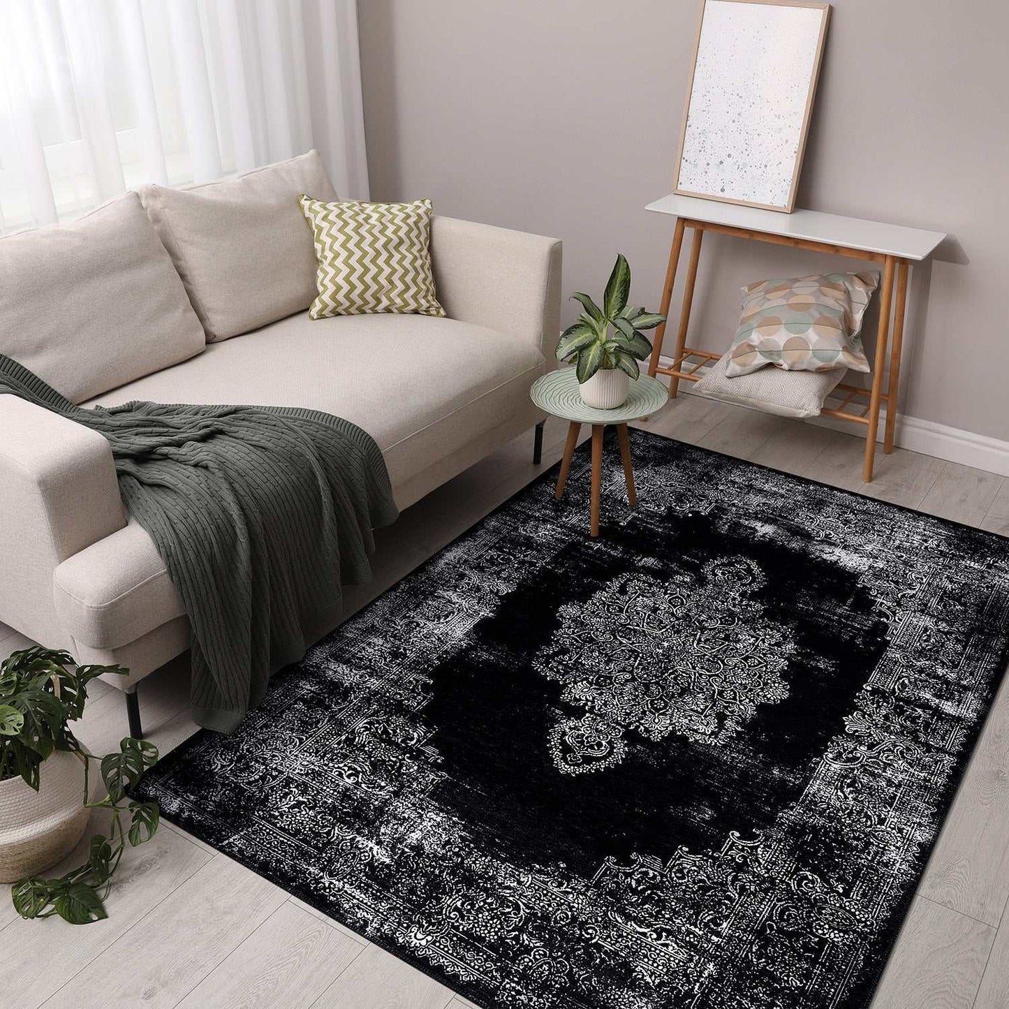 Rain Black Distressed Vintage NonSlip Indoor Area Rugs - Ornate Home