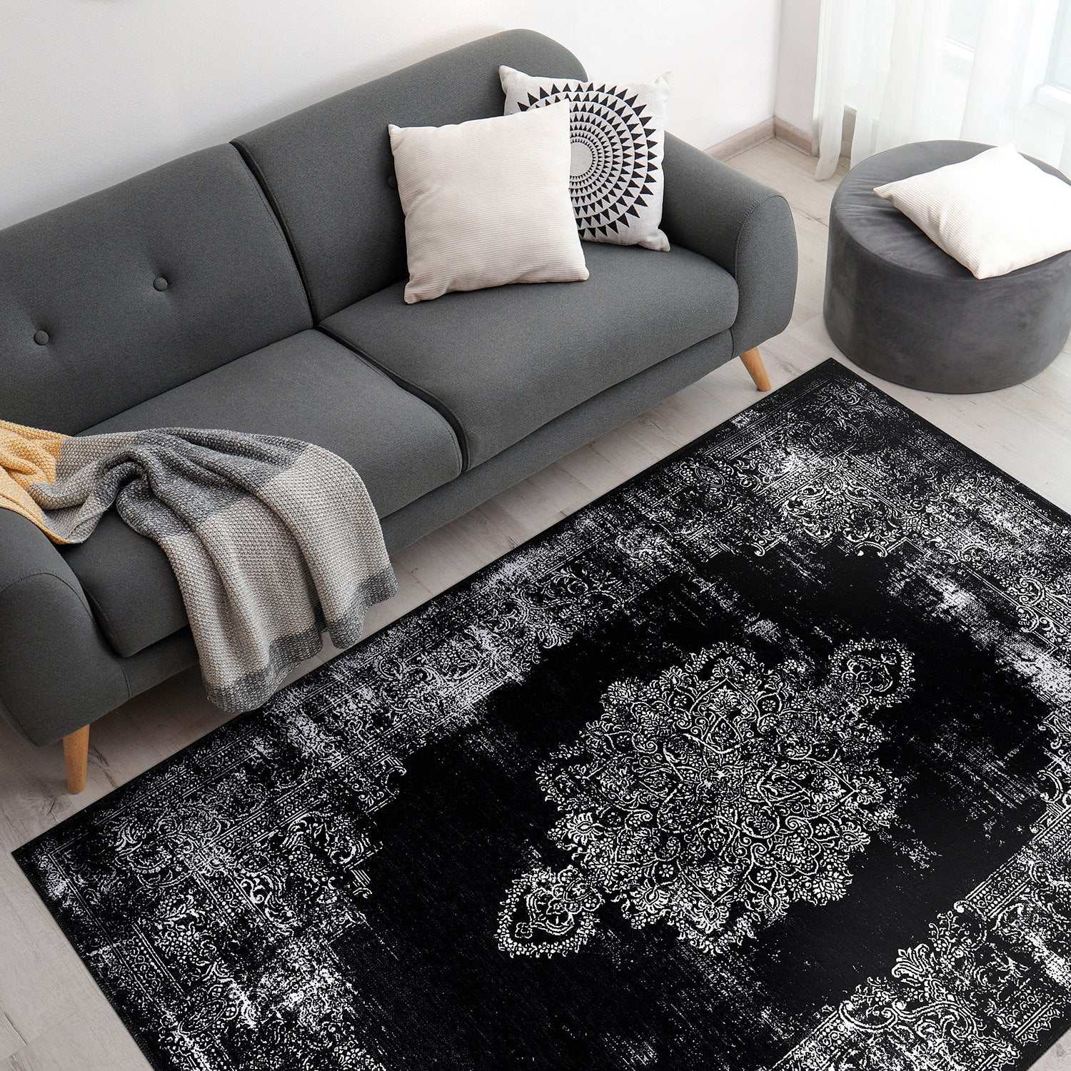 Rain Black Distressed Vintage NonSlip Indoor Area Rugs - Ornate Home