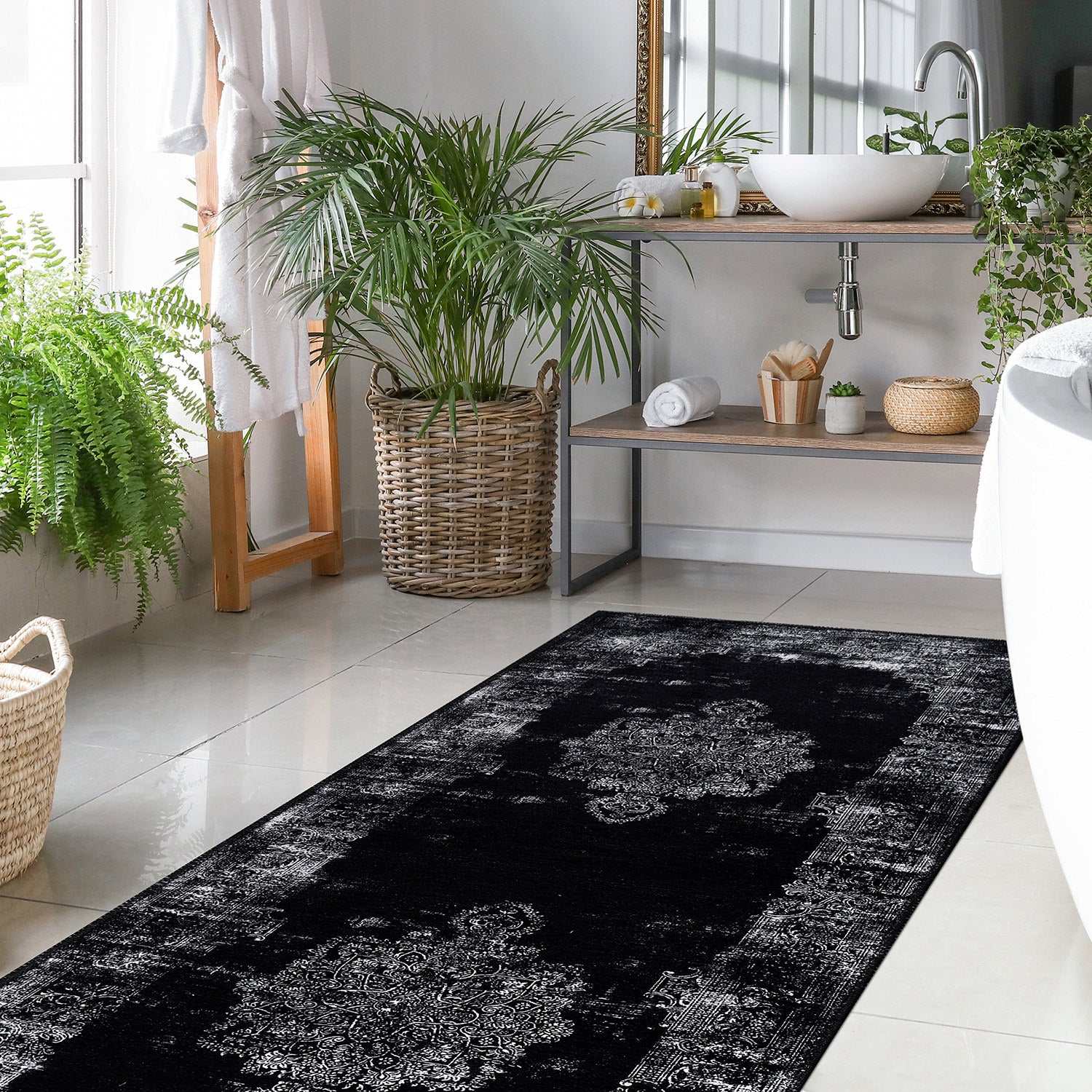 Rain Black Distressed Vintage NonSlip Indoor Area Rugs - Ornate Home