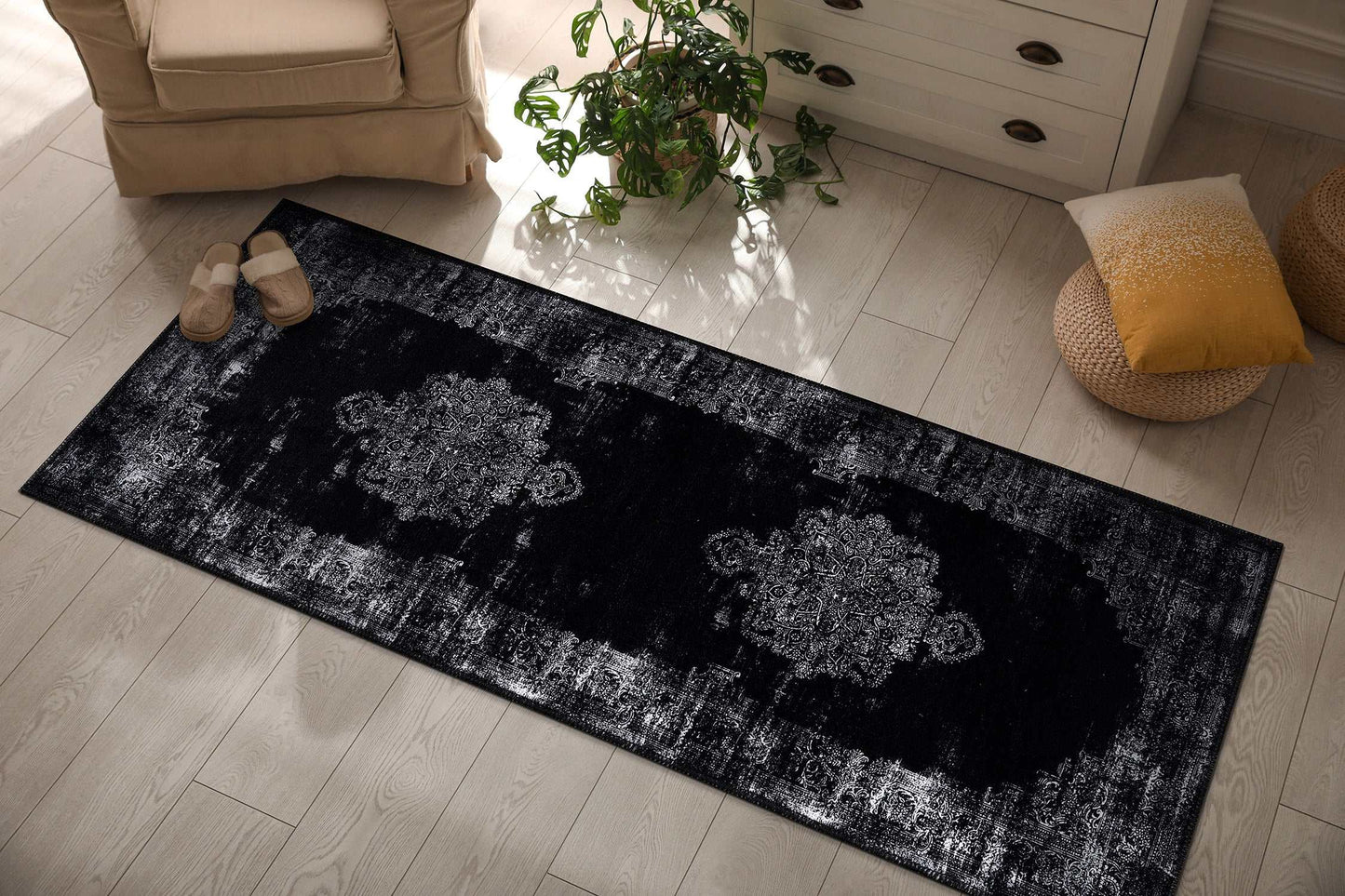 Rain Black Distressed Vintage NonSlip Indoor Area Rugs - Ornate Home