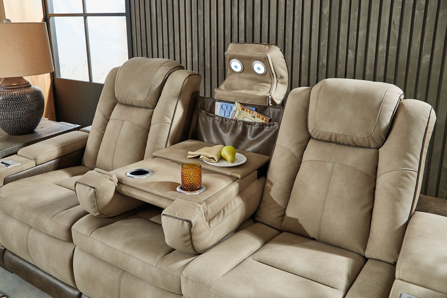 Next-Gen DuraPella Sand Power Reclining Sofa w/ Drop-Down Table