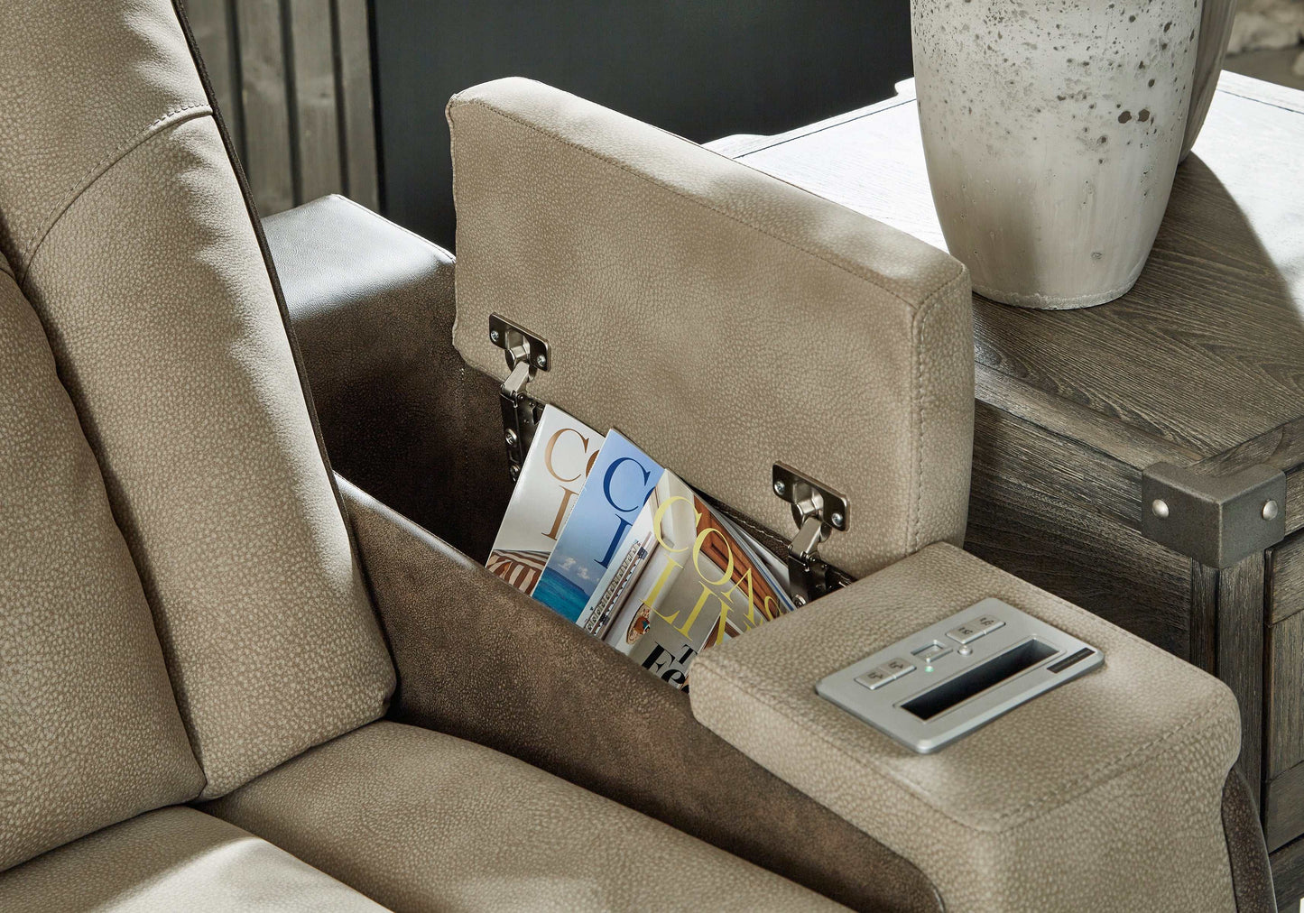 Next-Gen DuraPella Sand Power Reclining Sofa w/ Drop-Down Table