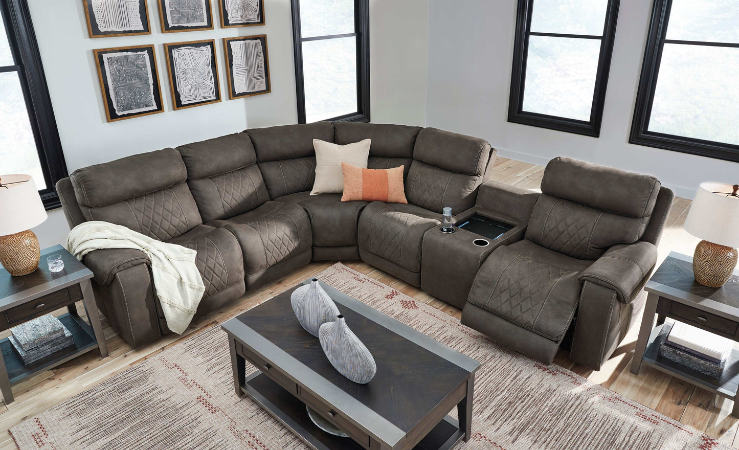 Hoopster Gunmetal 6pc Power Reclining Sectional w/ Touchscreen Console