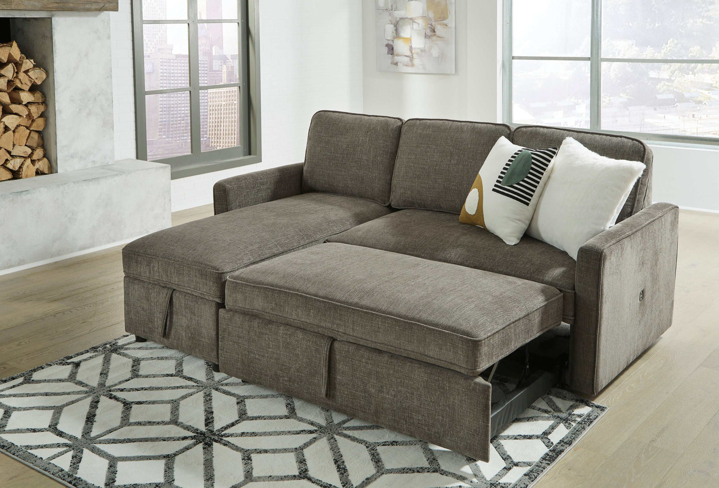 Kerle Charcoal Sectional Sofa w/ Pop-Up Bed