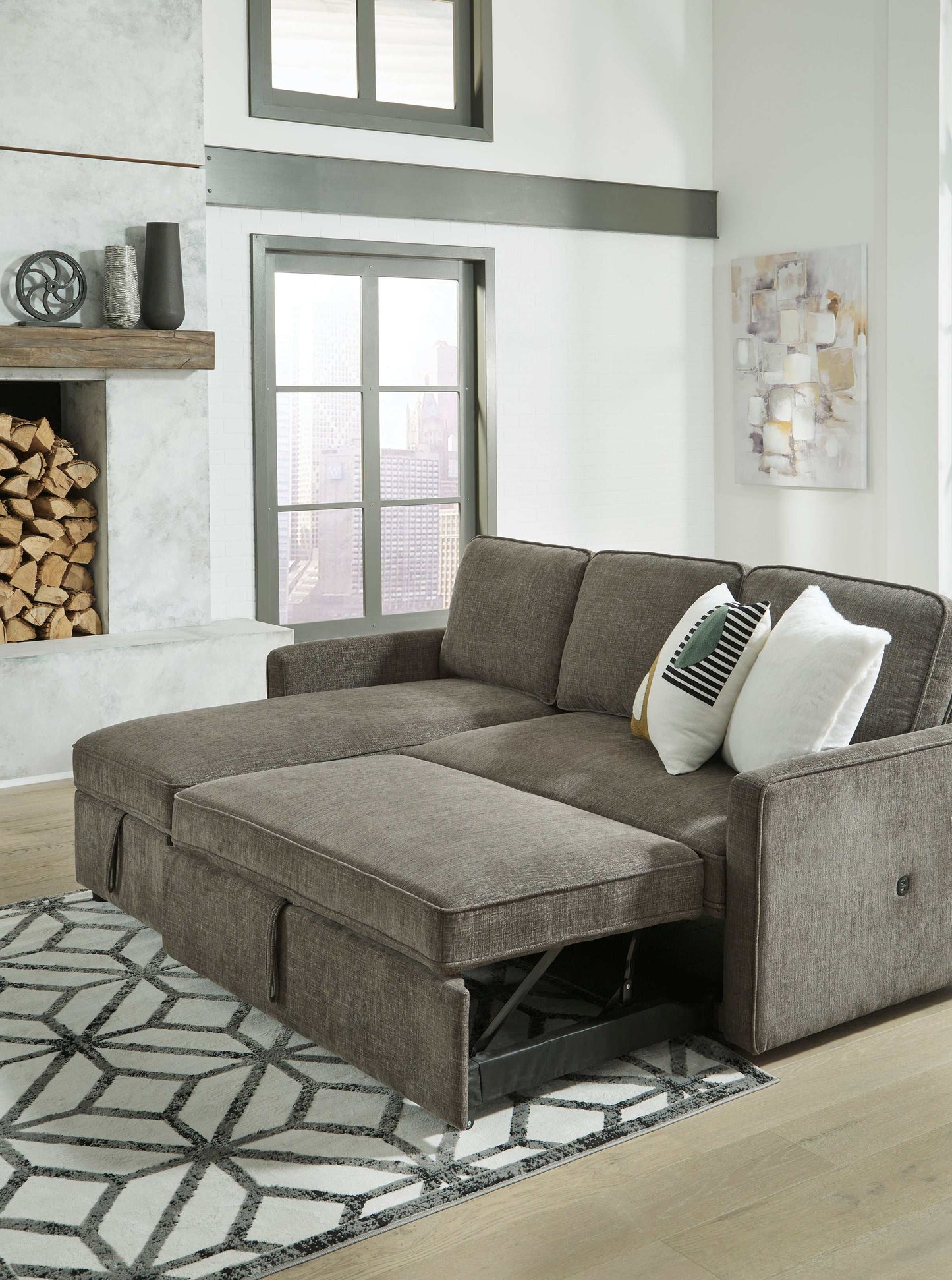 Kerle Charcoal Sectional Sofa w/ Pop-Up Bed