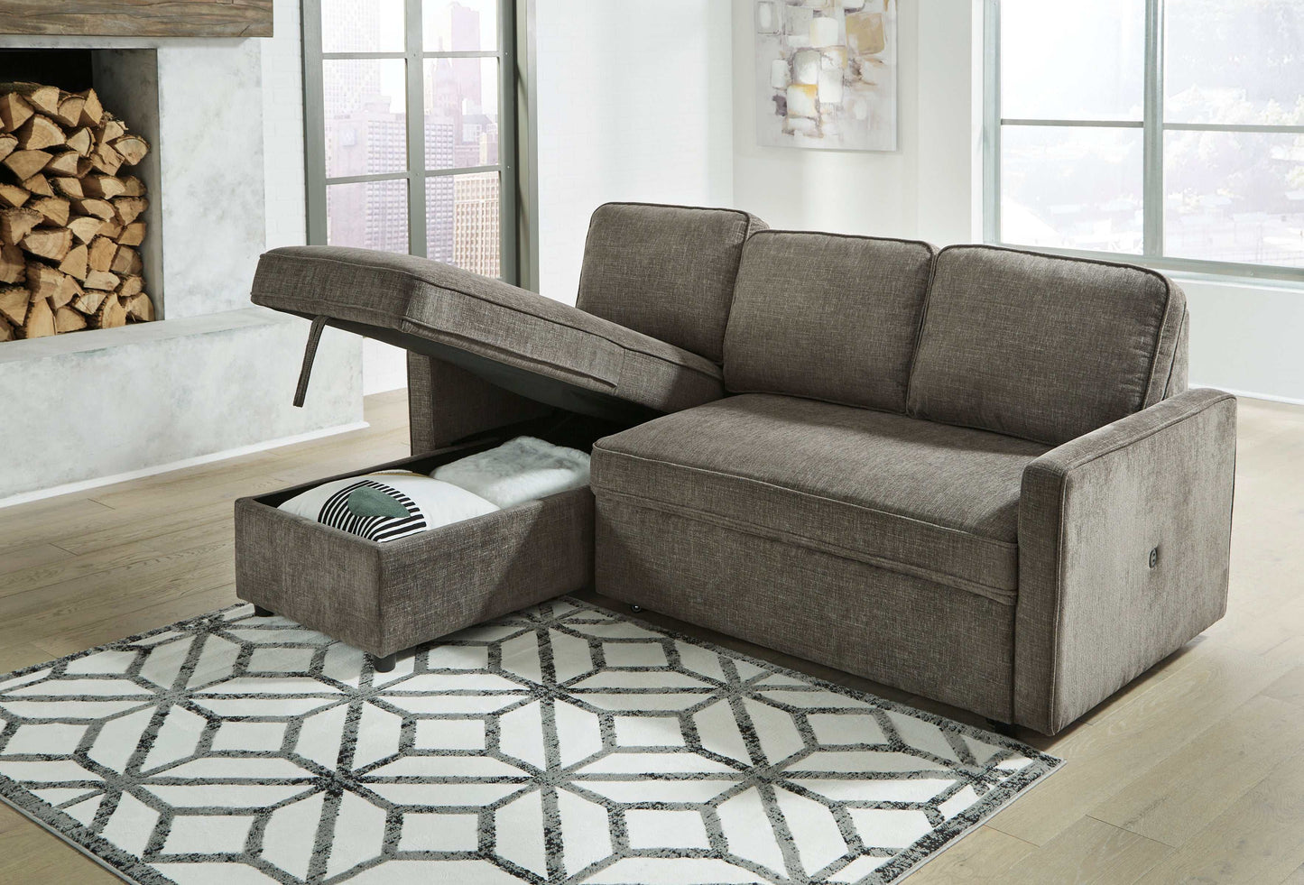 Kerle Charcoal Sectional Sofa w/ Pop-Up Bed