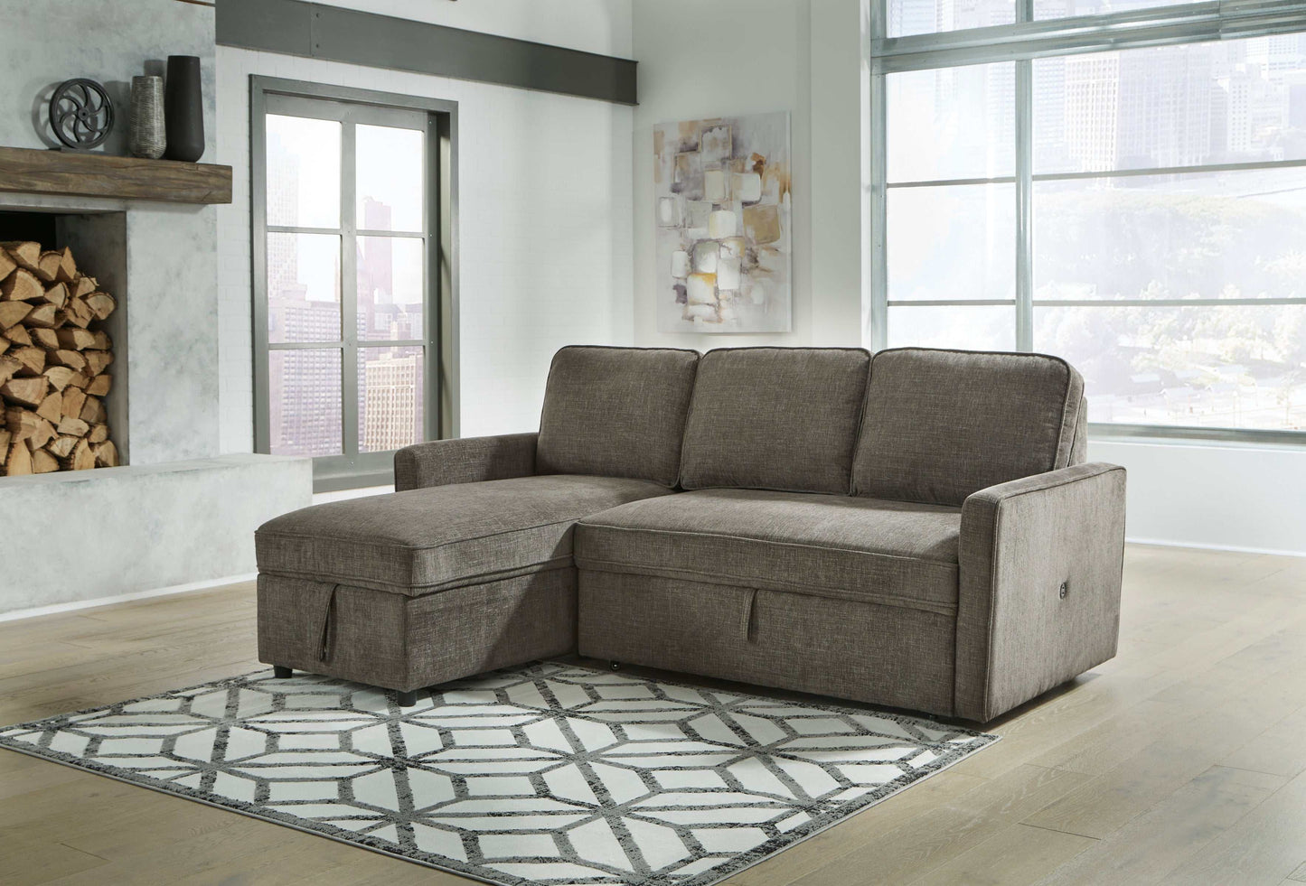 Kerle Charcoal Sectional Sofa w/ Pop-Up Bed