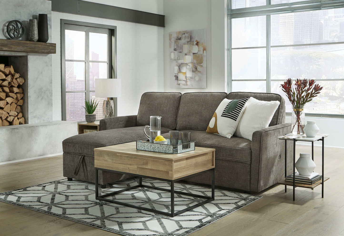 Kerle Charcoal Sectional Sofa w/ Pop-Up Bed