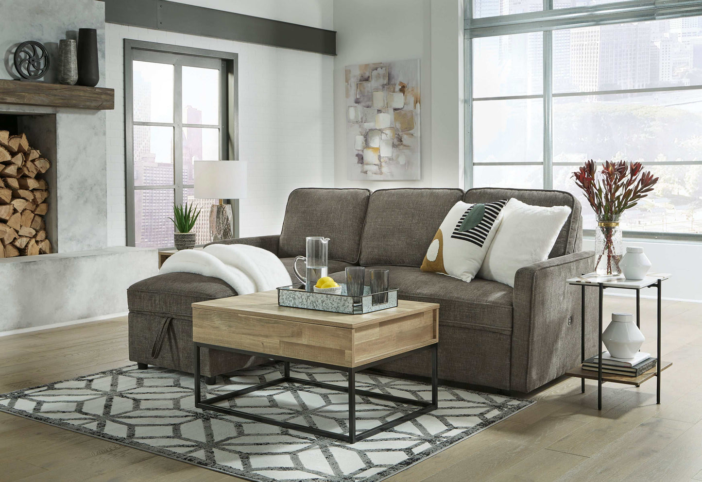 Kerle Charcoal Sectional Sofa w/ Pop-Up Bed