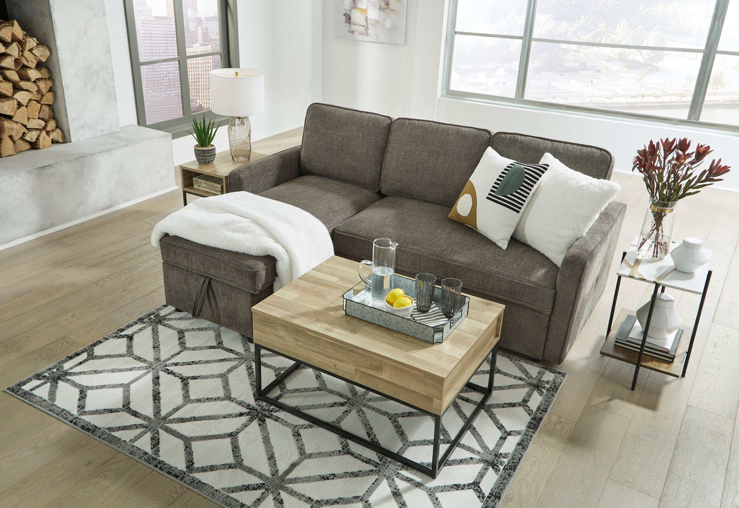 Kerle Charcoal Sectional Sofa w/ Pop-Up Bed