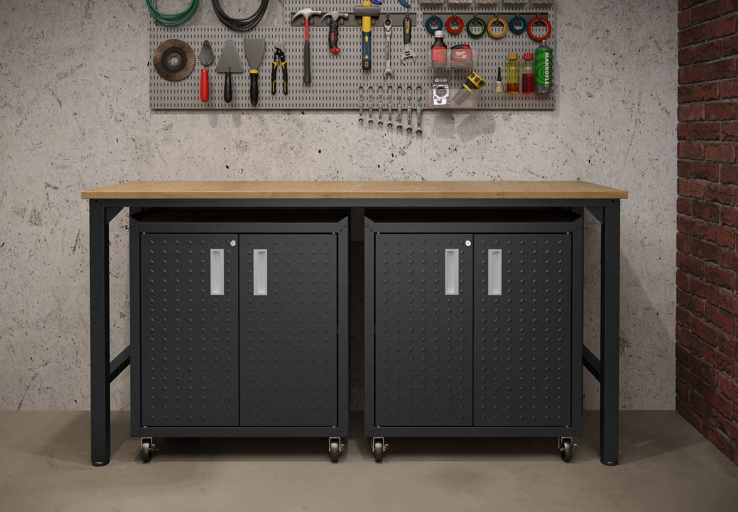 3-Piece Fortress Mobile Space-Saving Garage Cabinet and Worktable 1.0 in Charcoal Grey - Ornate Home