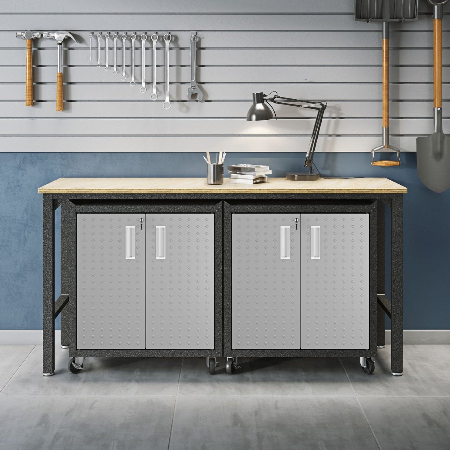 3-Piece Fortress Mobile Space-Saving Garage Cabinet and Worktable 1.0 in Grey - Ornate Home