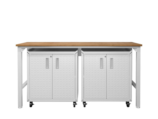 3-Piece Fortress Mobile Space-Saving Garage Cabinet and Worktable 1.0 in White - Ornate Home