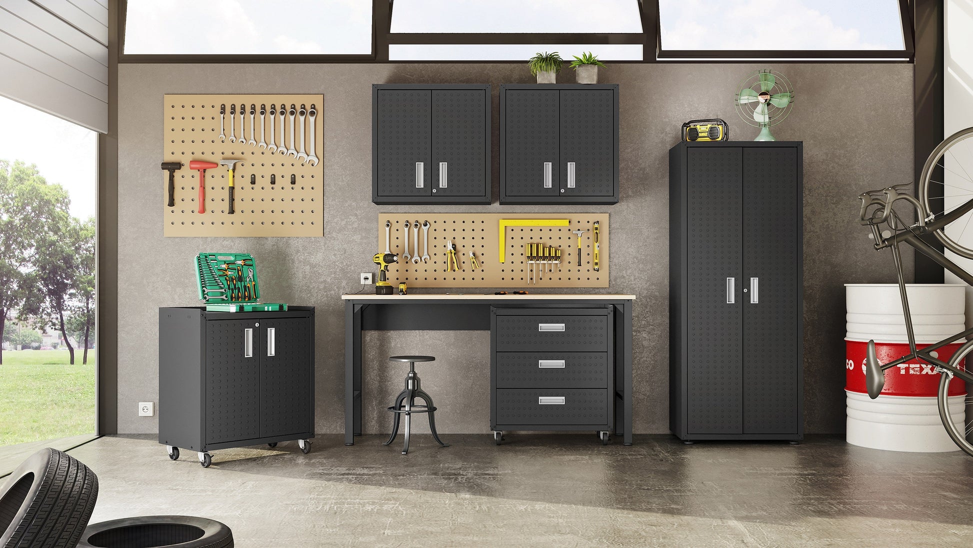 3-Piece Fortress Mobile Space-Saving Garage Cabinet and Worktable 2.0 in Charcoal Grey - Ornate Home