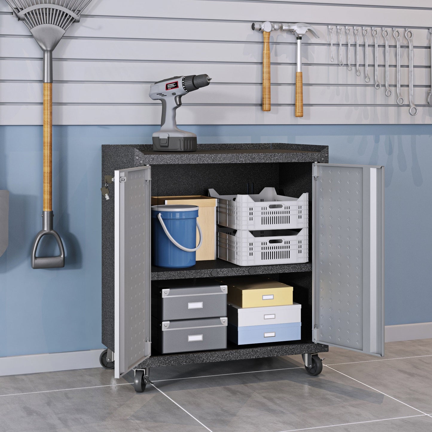 3-Piece Fortress Mobile Space-Saving Garage Cabinet and Worktable 2.0 in Grey - Ornate Home