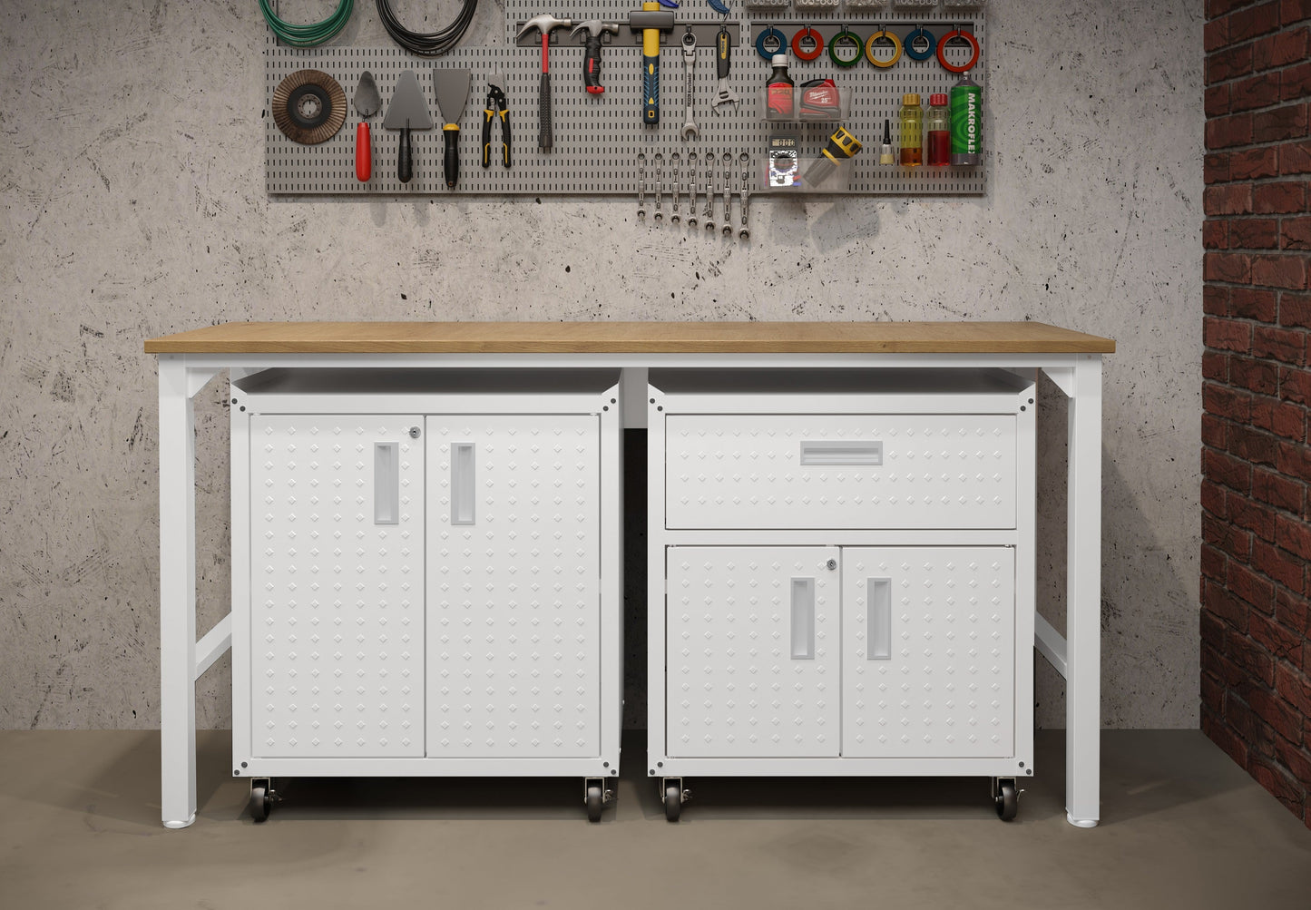 3-Piece Fortress Mobile Space-Saving Garage Cabinet and Worktable 2.0 in White - Ornate Home