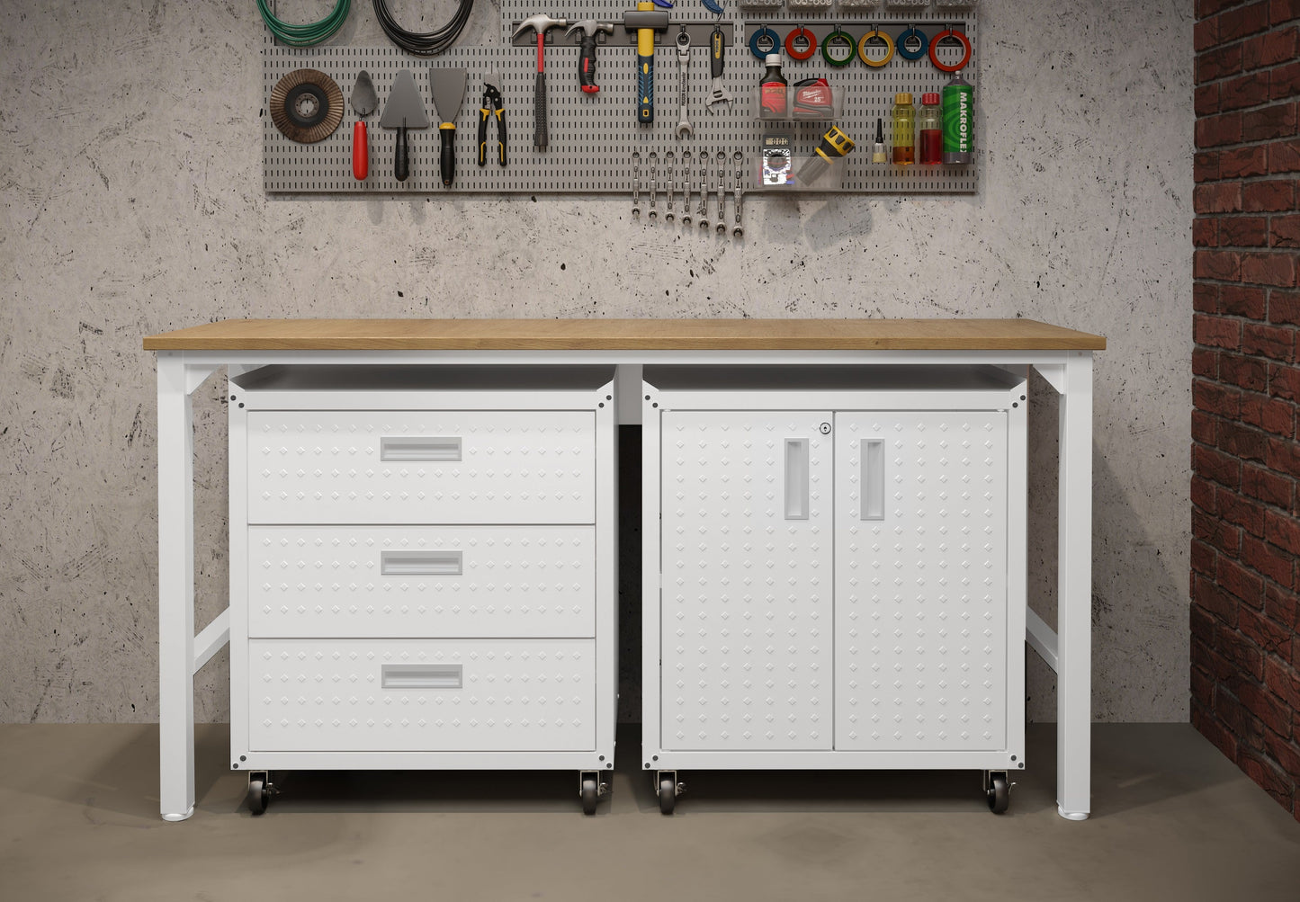 3-Piece Fortress Mobile Space-Saving Garage Cabinet and Worktable 3.0 in White - Ornate Home