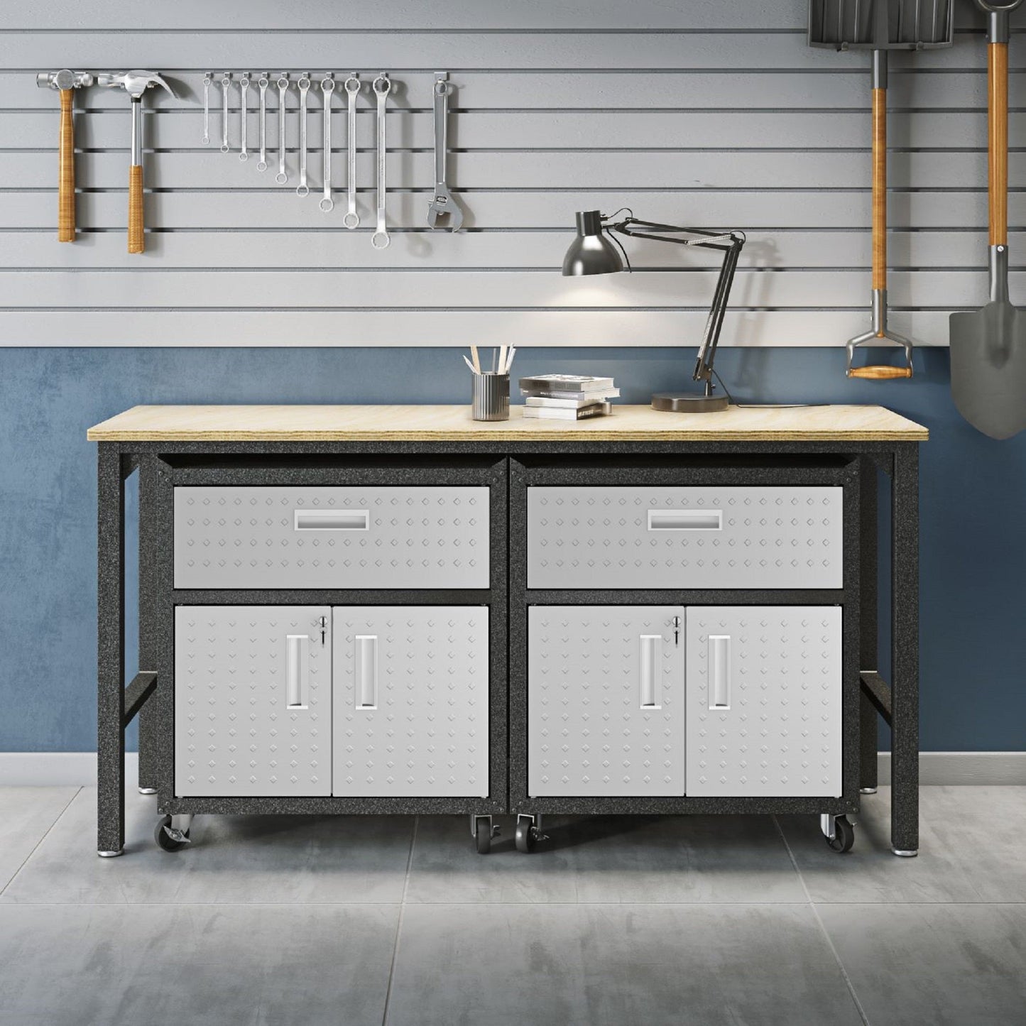 3-Piece Fortress Mobile Space-Saving Garage Cabinet and Worktable 4.0 in Grey - Ornate Home