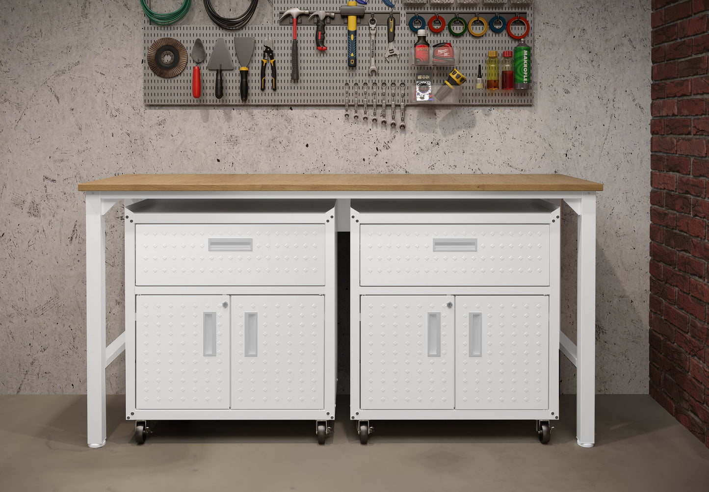 3-Piece Fortress Mobile Space-Saving Garage Cabinet and Worktable 4.0 in White - Ornate Home