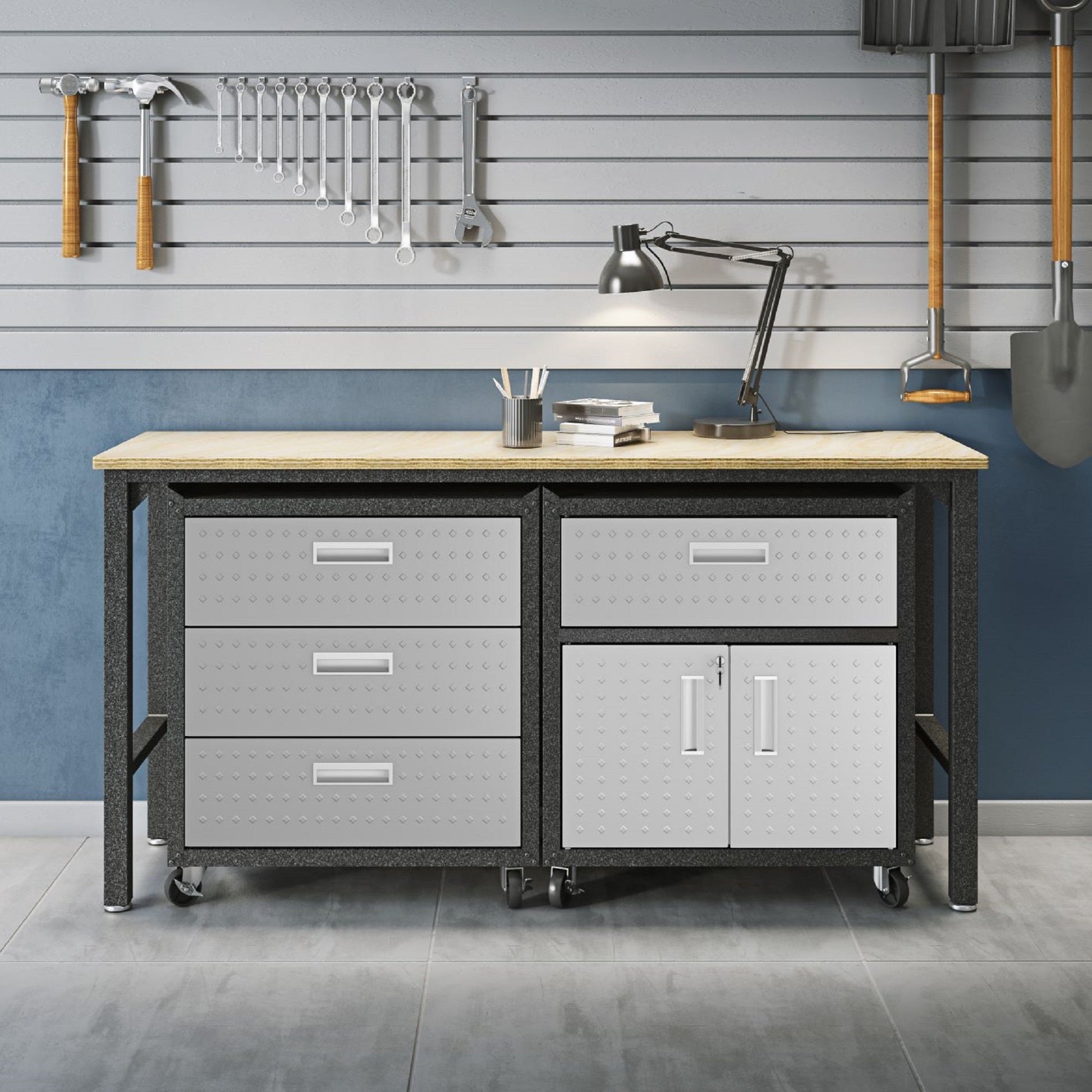 3-Piece Fortress Mobile Space-Saving Garage Cabinet and Worktable 5.0 in Grey - Ornate Home
