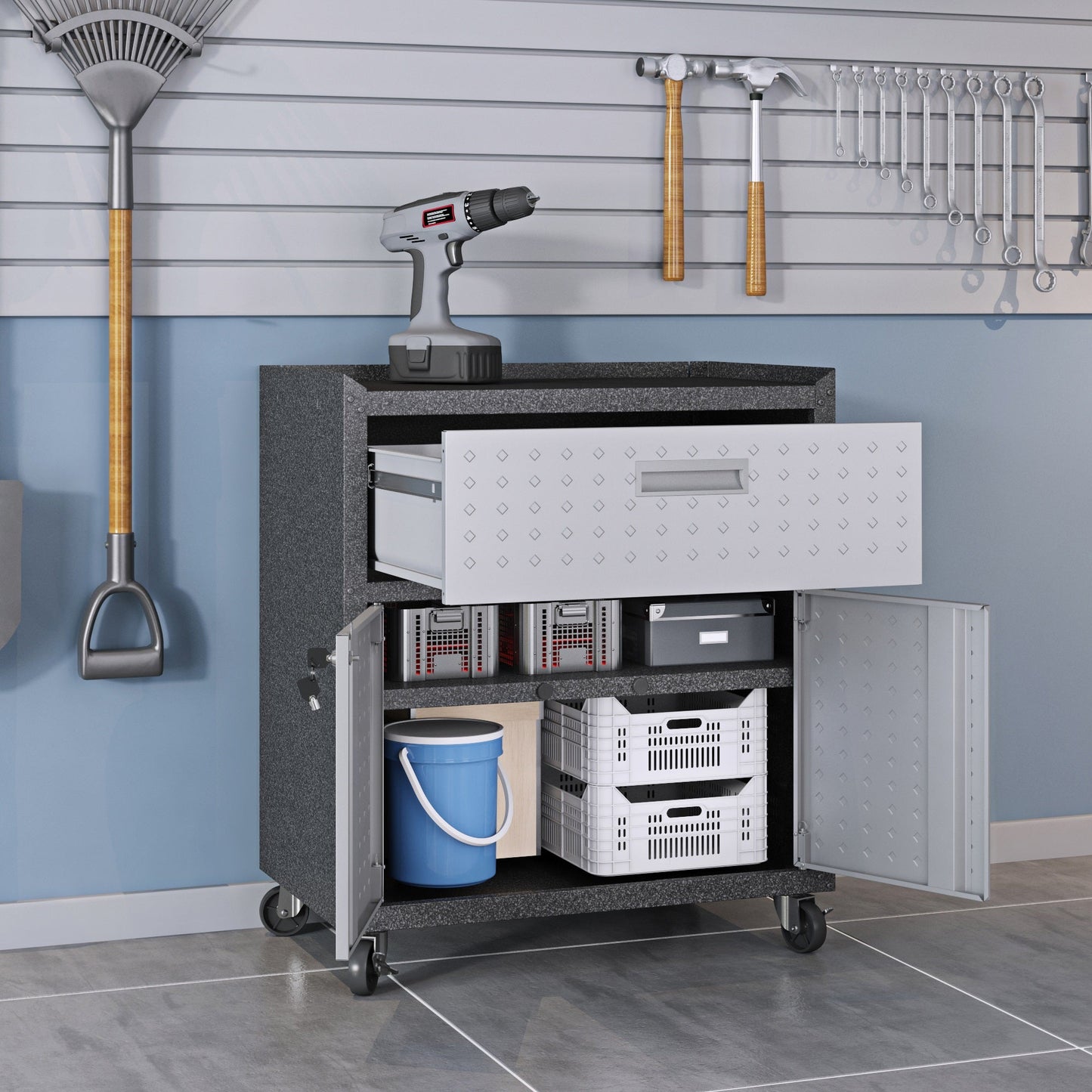 3-Piece Fortress Mobile Space-Saving Garage Cabinet and Worktable 5.0 in Grey - Ornate Home