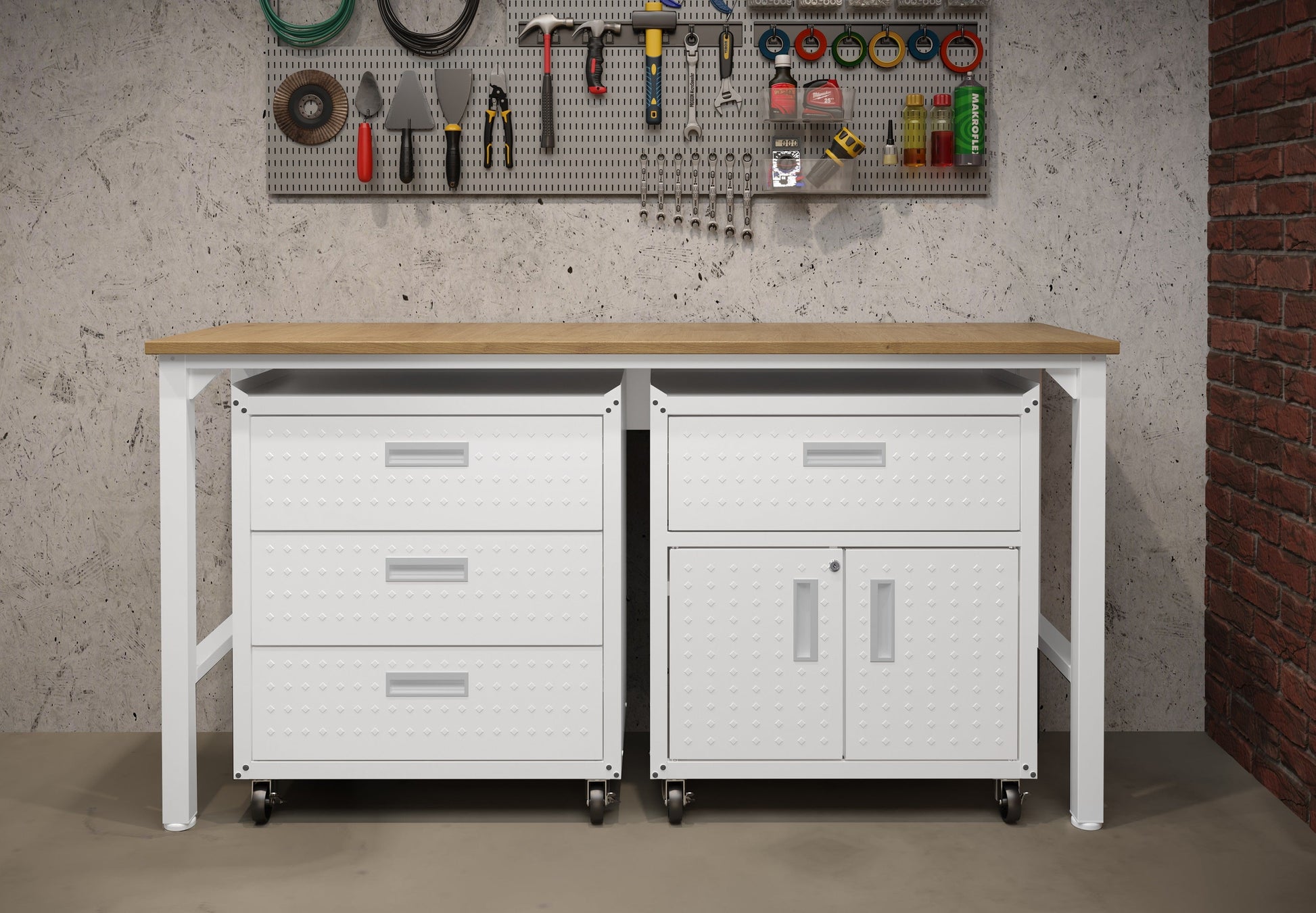 3-Piece Fortress Mobile Space-Saving Garage Cabinet and Worktable 5.0 in White - Ornate Home