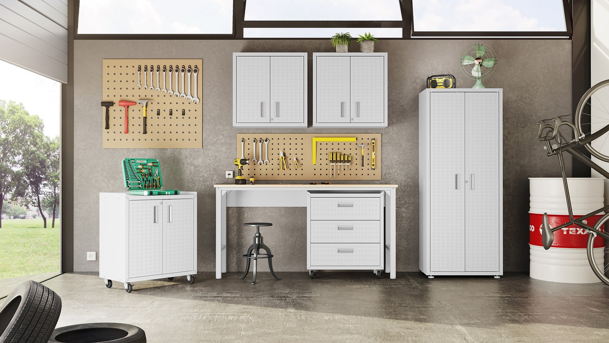 3-Piece Fortress Mobile Space-Saving Garage Cabinet and Worktable 5.0 in White - Ornate Home