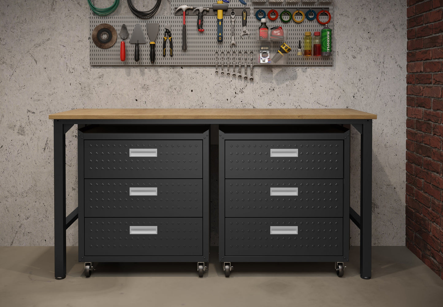 3-Piece Fortress Mobile Space-Saving Garage Cabinet and Worktable 6.0 in Charcoal Grey - Ornate Home