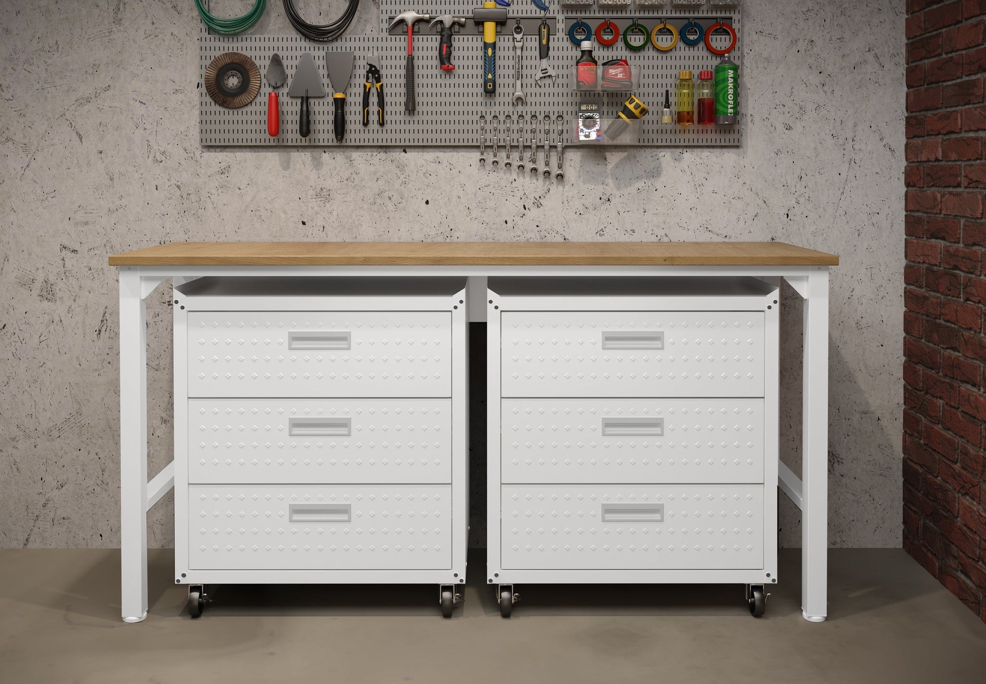 3-Piece Fortress Mobile Space-Saving Garage Cabinet and Worktable 6.0 in White - Ornate Home