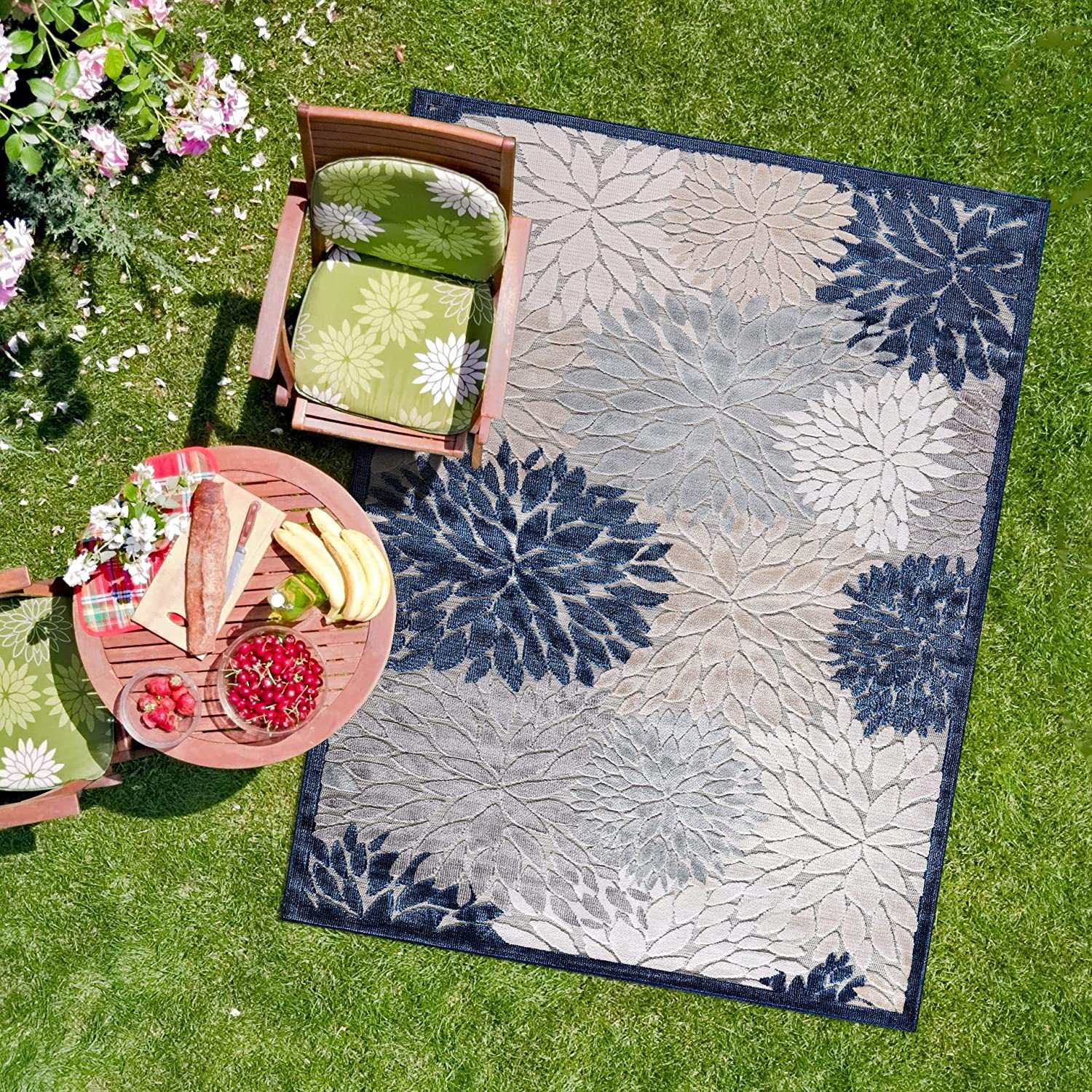 Spring Blue Floral Exotic Tropical Non-Shedding Indoor/Outdoor Area Rugs - Ornate Home