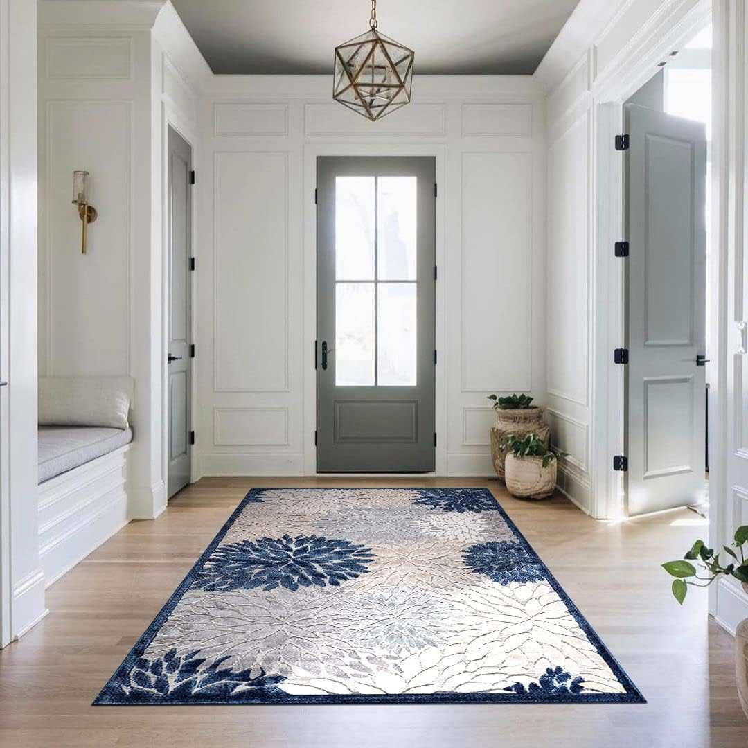 Spring Blue Floral Exotic Tropical Non-Shedding Indoor/Outdoor Area Rugs - Ornate Home