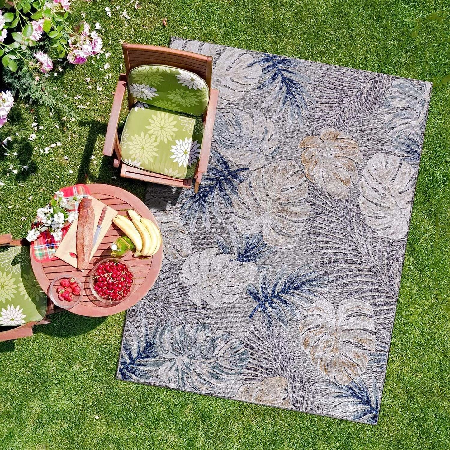 Spring Blue Leaf Tropical Botanical Non-Shedding Indoor/Outdoor Area Rugs - Ornate Home