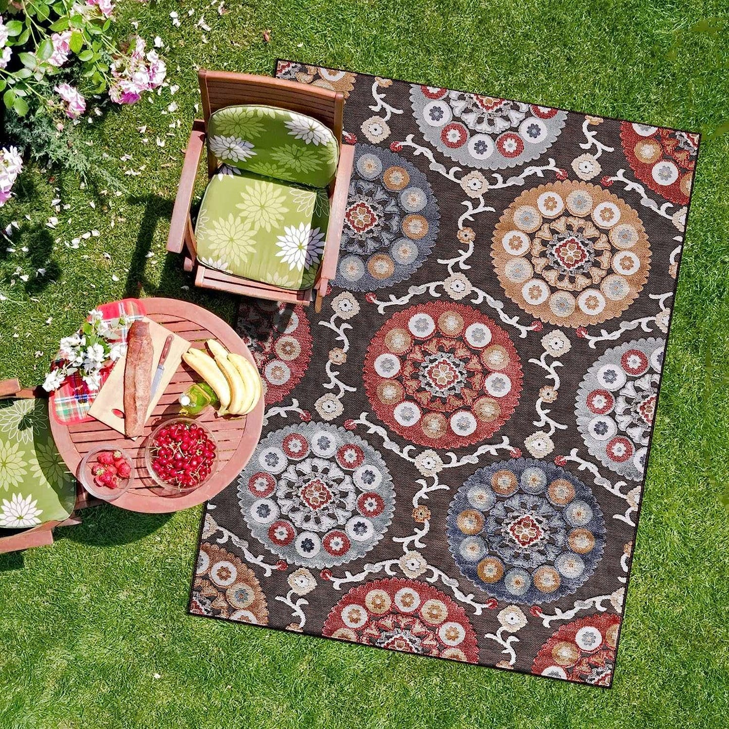 Spring Brown Bohemian Medallion Floral Non-Shedding Indoor/Outdoor Area Rugs - Ornate Home