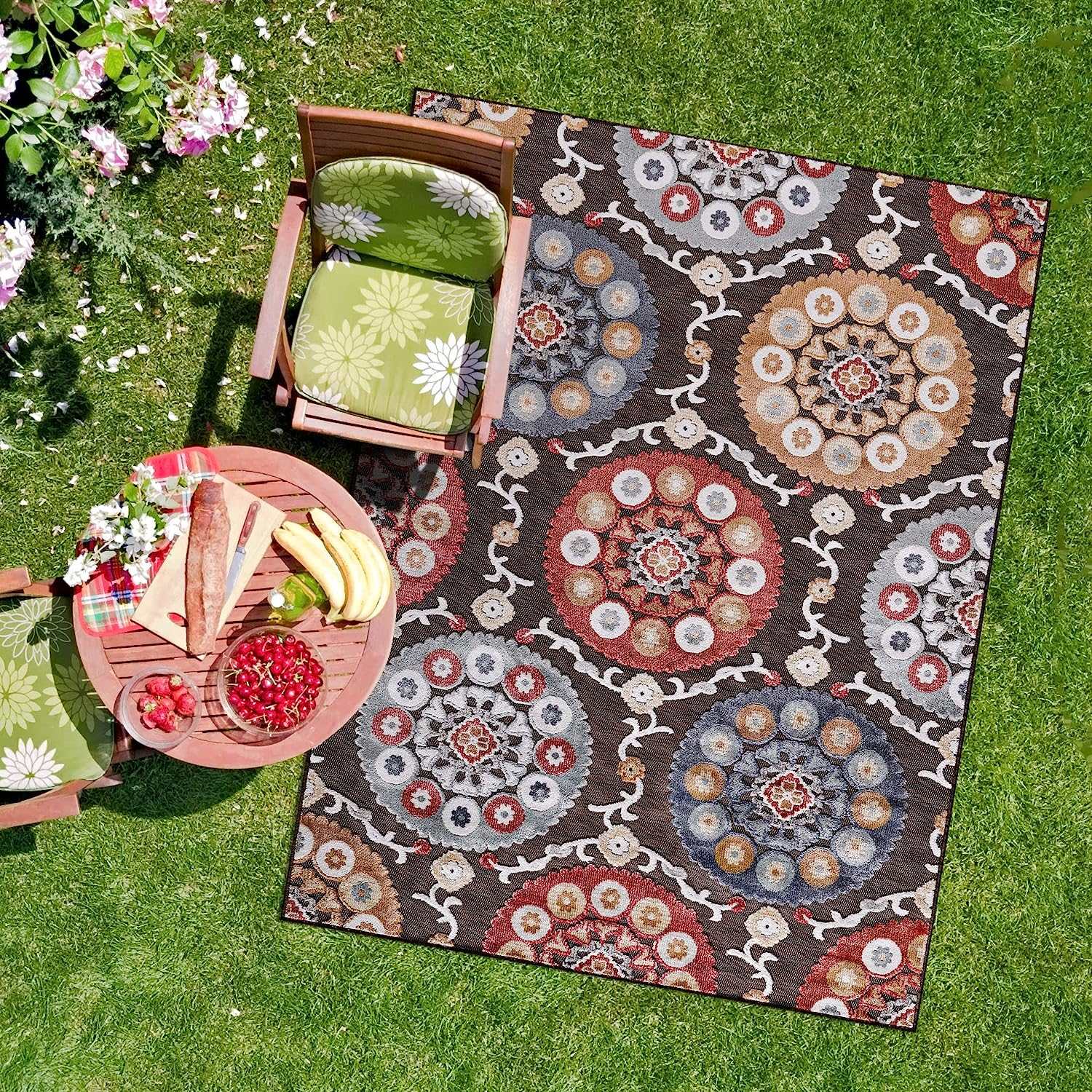 Spring Brown Bohemian Medallion Floral Non-Shedding Indoor/Outdoor Area Rugs - Ornate Home