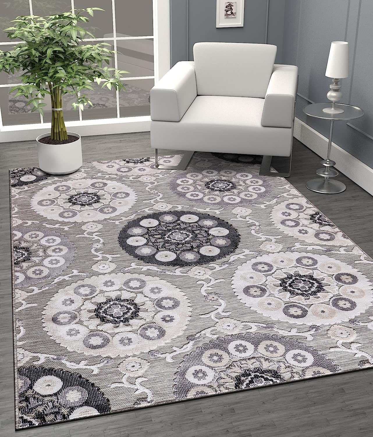 Spring Gray Bohemian Medallion Floral Non-Shedding Indoor/Outdoor Area Rugs - Ornate Home