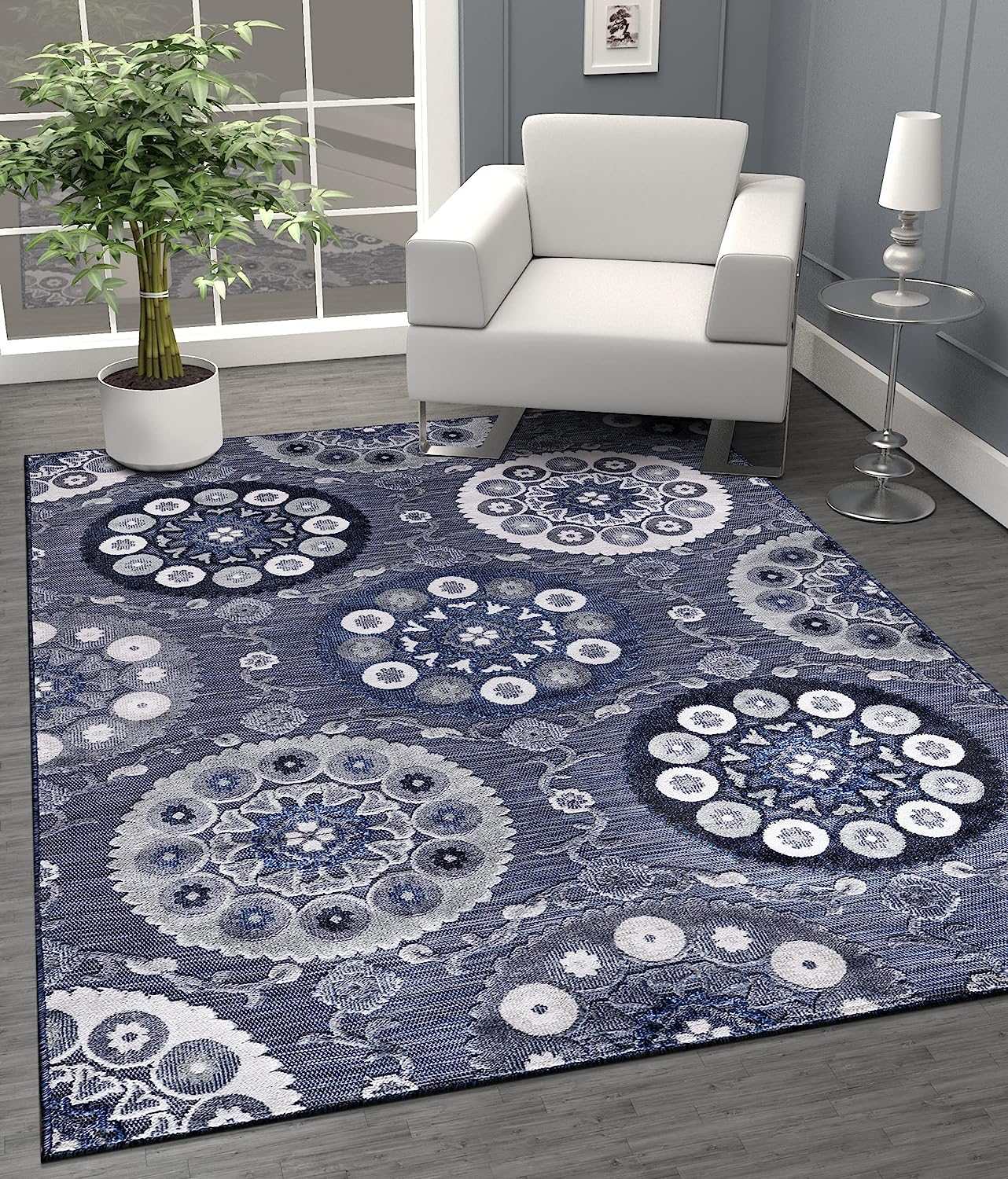 Spring Navy Color Bohemian Medallion Floral Non-Shedding Indoor/Outdoor Area Rugs - Ornate Home