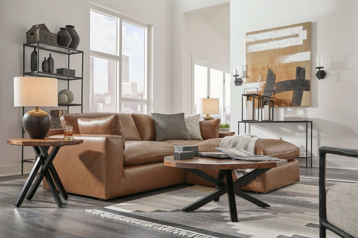 Emilia Caramel Leather 2pc Modular Sectional Loveseat