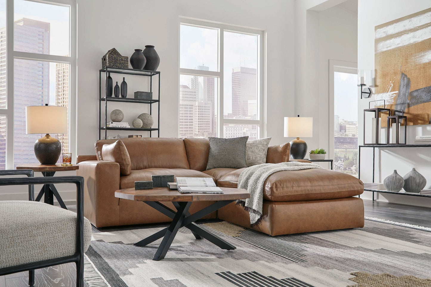 Emilia Caramel Leather 2pc Modular Sectional Loveseat