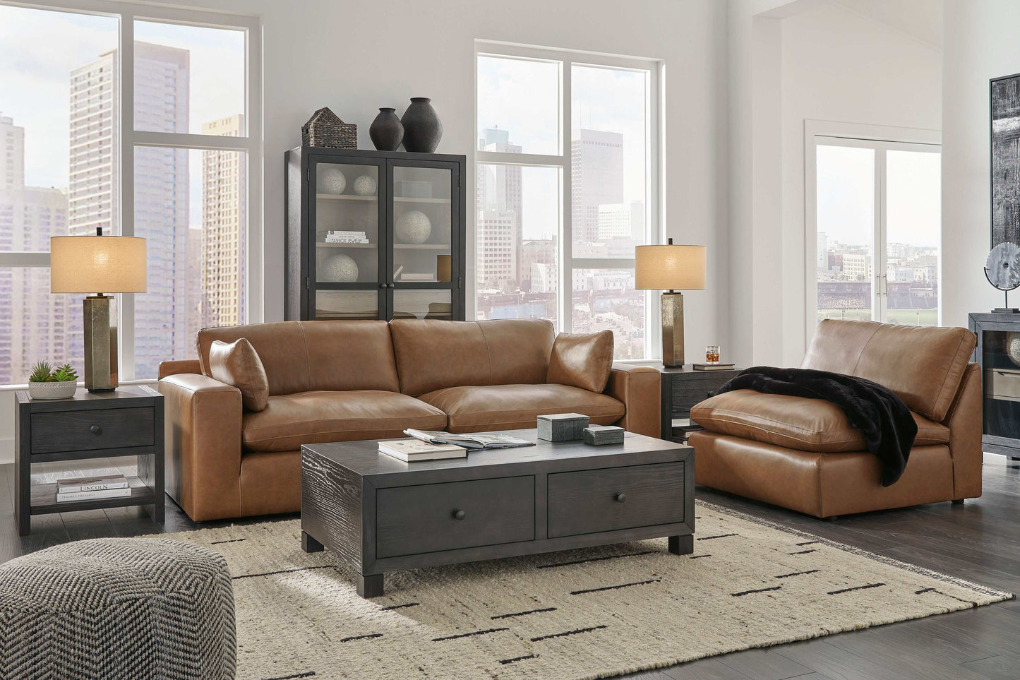 Emilia Caramel Leather 3pc Modular Sectional Sofa