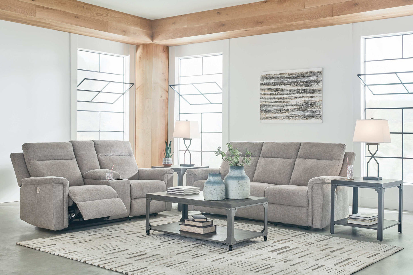 Barnsana Ash Micro Chenille Power Reclining Living Room Set / 2pc