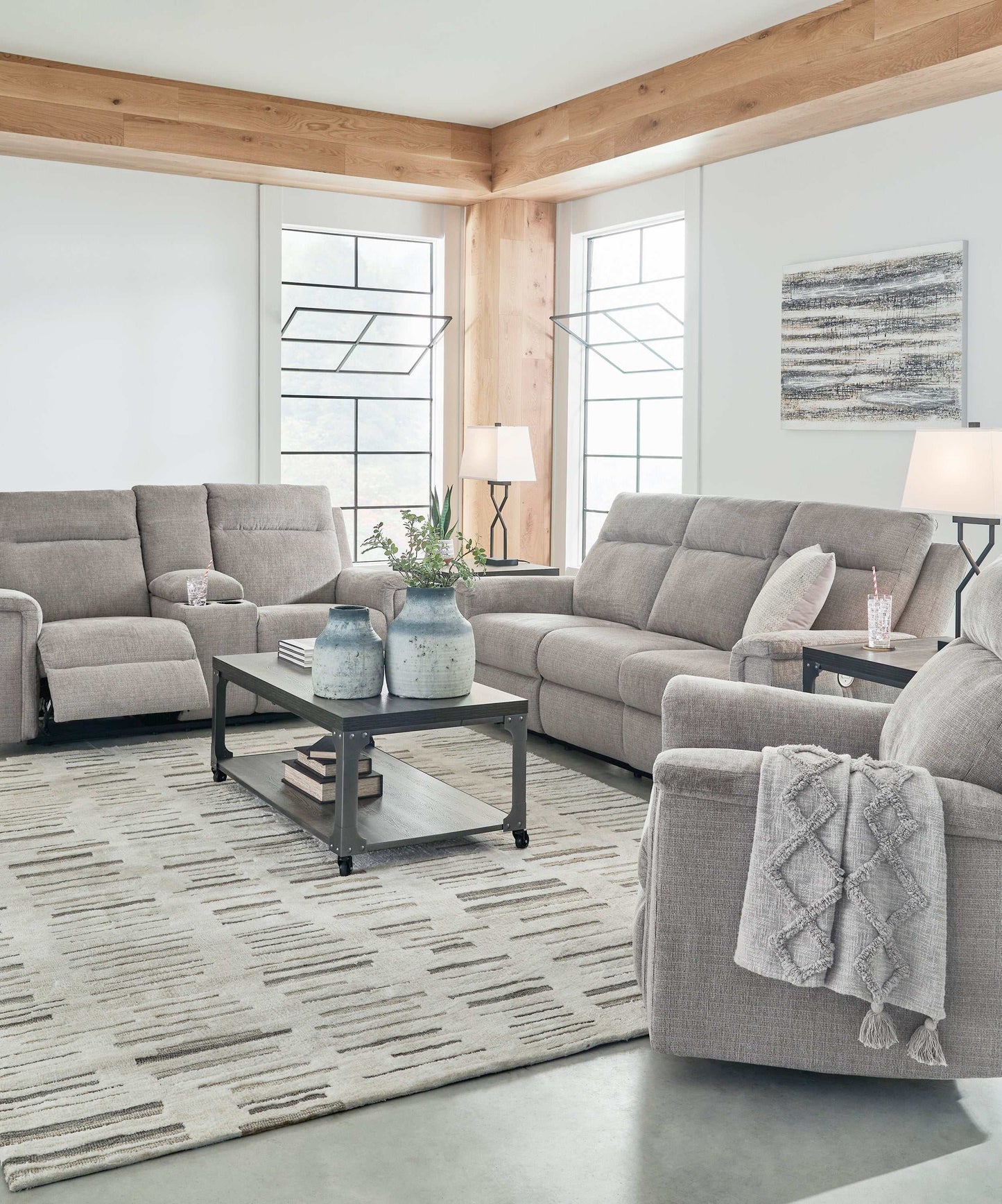 Barnsana Ash Micro Chenille Power Reclining Living Room Set / 3pc
