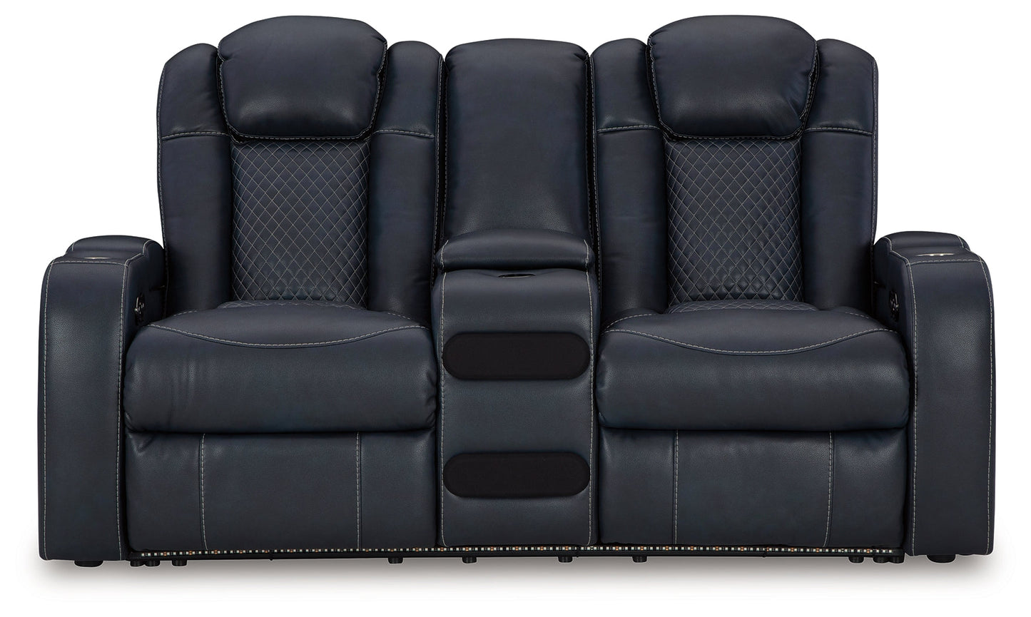 Fyne-Dyme Sapphire Power Reclining Loveseat with Console