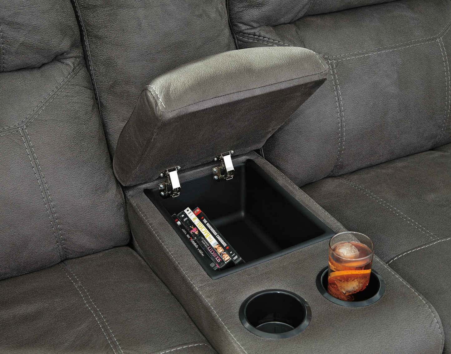 Austere Gray Reclining Loveseat with Console