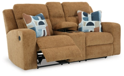 Kanlow Honey Reclining Loveseat w/Console - Ornate Home