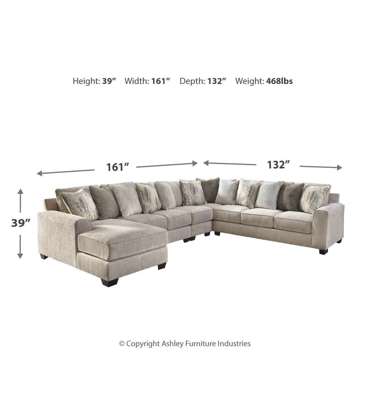 Ardsley Pewter 5pc LAF Chaise Sectional w/ RAF Sofa